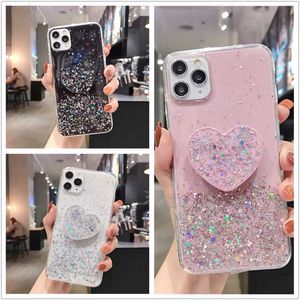 Mobiltelefonfodral 3D Pink Lovely Heart Holder Stand Glitter Silicone Soft Phone Fall för iPhone 11 Pro Max 12 Pro X XR XS 6S 7 8 Plus Socket Cover L230731