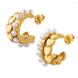 Orecchini a cerchio Cuore di perle Per donna Acciaio al titanio Doppi strati Cerchi Orecchini pendenti Placcati in oro Elegante gioiello geometrico di tipo C