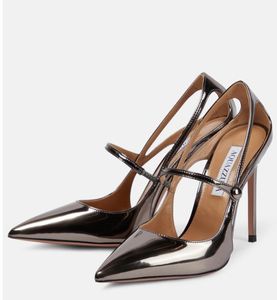 Aquazzura Bovary Metallic Leather High Heels Toe Cross Shoes Women Luxury Evening Women's Luxury Designer Sandaler Wedding High Heels EU35-43