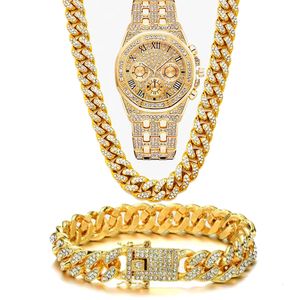 Armbandsur med lyxis i Watch for Men Women Hip Hop Miami Bling CZ Cuban Chain Big Gold Necklace Paved Rhinestones Jewelry Set 230802