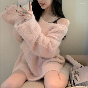 Kadın Sweaters 2023 Zarif Yumuşak Siyah Pembe Polar Sweater Gevşek Tatlı Örme Külotlar Midi Top Pull Femme Koreli Jumper'lar