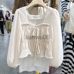 Damenblusen Hemden Frauen 2021 Frühling Herbst Mode Einfarbig Chiffon Hemd Weiblich Quadratischer Kragen Dünnes Hemd Damen Langarm Kurze Blusen V965 J230802