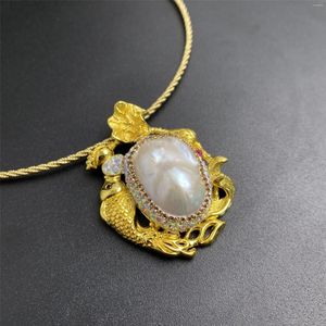 Pendant Necklaces 2023 Lotus Fish Pearl Women's China-Chic Retro Style Light Luxury Fashion Necklace Jewelry