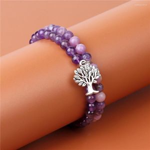 Charm Bracelets Purple Natural Stone Round 6mm Beaded Bracelet Amethysts Lilac Fashion Tree Of Life Bangle