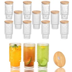 リブ付きガラス製品11オンスのヴィンテージ飲料メガネスタック可能なハイボール折り紙スタイルガラスカップ水飲料飲料、ジュース、ビールセット4