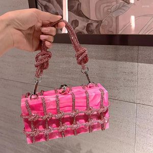 Diamant Pink Acrylic Box Clutch Women Boutique vävt Knutt rep Rotestons plånböcker och handväskor bröllopsfest