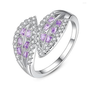 Cluster Anéis MOONROCY CZ Casamento Cor Prata Folha Cúbico Roxo Anel de Cristal Para Mulheres Meninas Drop Party Jóias Atacado