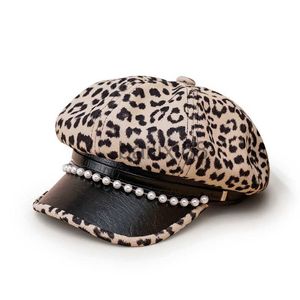 Stingy Brim Hats Leopard Pearl Spring Autumn Women Fashion Korean Version Beret Shading Girl Personality Peaked Cap Newsboy Hat J230802