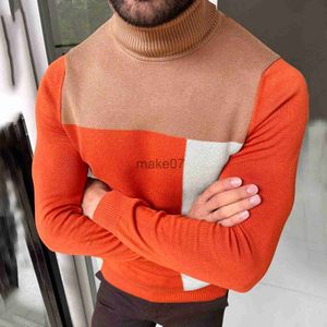 Herrenpullover Winter Herren Rollkragenpullover Orange Colorblock Slim Strickpullover Herren Einfarbig Casual Pullover Männlich Herbst Strickwaren J230802