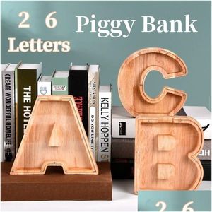 Novelty Items 26 Letters English Piggy Bank Wooden Coin Money Saving Box Jar Coins Storage Desktop Ornament Home Decor Crafts Xmas Gif Dhstp