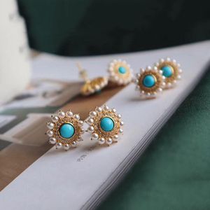 Stud Designer Orijinal Yuvarlak Turkuaz İnci Küpeler Vahşi Basit ve Zarif Charm Ladies Gümüş Takı 230801