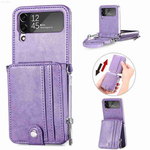 Mobiltelefonfodral 2 i 1 kort Solt Leather Zipper Case för Samsung Galaxy Z Flip 4 Flip3 Crossbody Lanyard Wallet Folding Stuff Stand Cover L230731