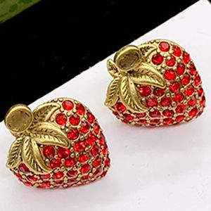 Ladies Strawberry Ruby Dangle Earrings 18K Gold Plated Diamond Crystal Heart Love Eardrops Vintage Cute Classic Jewelry