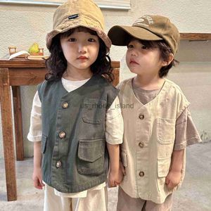 VEST 4704C Korea Children's Clothes Tooling Vest 2023 Spring and Autumn Simple Fashion Boy's Vest Coat 1-10 års Kid's Waistcoat X0802