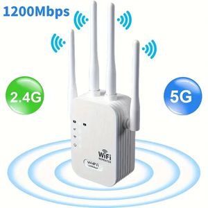 Wi-Fi Extender, Wi-Fi Booster 6x Stronger 1200Mbps Wi-Fi 2.45GHz 듀얼 밴드 (8000sq.ft), Wi-Fi 신호 강력한 침투성 35 장치 4 모드 1 탭 설정