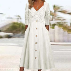 Summer Womens Pure Color Longeplees V Neck Casual Dress with Cross Buttons