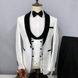 Men's Suits Floral Printed For Men Slim Fit Classic Shawl Lapel Wedding Jacket Vest Pants Set Tuxedo Luxury Blue Suit