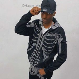 Herrtröjor tröjor vatten diamant skelett sportkläder svart långärmad hoodie grunge y2k jacka vintage hip hop full zip hoodie mäns tröja z230802