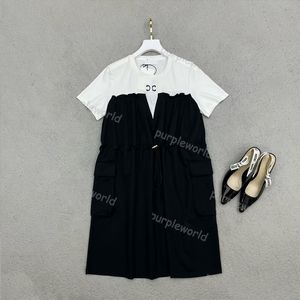 Abito casual da donna Abito classico a contrasto bianco nero Moda coulisse Elastico in vita Abbigliamento estivo a maniche corte