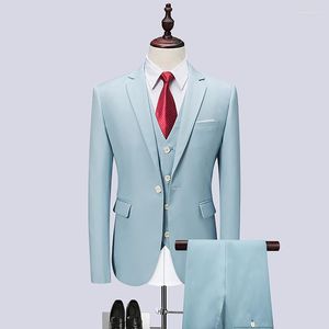 Garnitury męskie Blue Solid Business Men Formal Slim Fit Blazer Małżeństwo Tuxedo 3 -częściowe spodnie kurtki Vest Terno Wedding Mens Suit