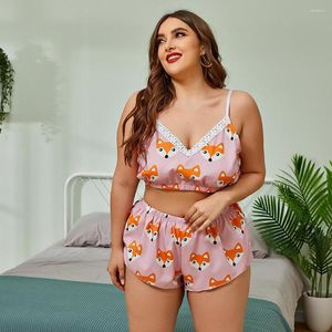 Kvinnors sömnkläder plus storlek Europa och Amerika pyjamas Set sexiga hängslen Deep v Home Wear Print Lace Top Shorts 2 Piece Underwear Suit för