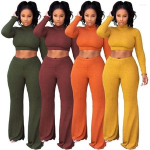 Women's Two Piece Pants Solid Color Pit Strip Slim Fitting Versatile Fashionable Commuting 9/4 Sleeve High Neck Shorts Top Wide Leg