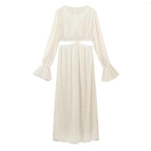 Freizeitkleider Damen einfarbiges französisches Kleid mit offener Taille und Glockenärmeln, plissiert, Petite Maxi, traditionell