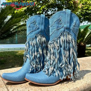 Boots AOSPHIRAYLIAN Denim Tassels Fringe Mid Calf Western Cowboy For Women 2023 Vintage Retro Point Toe Cowgirl Shoes 230801