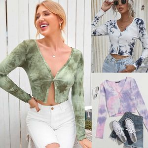 2023 Spring New Fashion Tie Dye Long Sleeve Cardigan T-shirt Casual mångsidig Slim Fit V-Neck Women's T-shirt