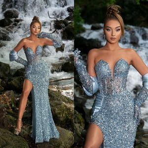 Light Blue Sequined Evening Gown Sexy Strapless Mermaid Dresses Illusion High Side Split Prom Dress Formal Custom Made