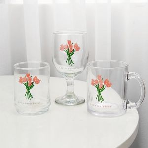 Wine Glasses Vintage Tulip Print Glass Cup Transparent Beer Whisky Milk Home Restaurant Mug Tea Cups Juice Drinking