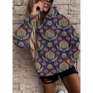 Herrtröjor blommor vintage kvinnor tryck hoodie etnisk stil pullover vinter casual tröja damer elegant lös topp