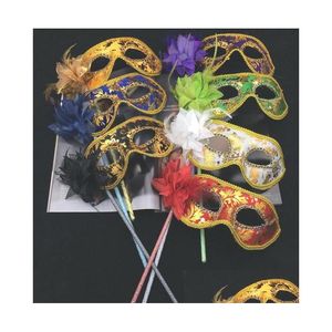 Party Masks New Venetian Masquerade Fancy Dress Mask On Stick Mardi Gras Costume Eyemask Printing Halloween Hand Held Festive Drop Del Dhdux