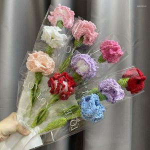 Decorative Flowers Carnation Artificial Flower Creative Finished Handmade Crochet Wool Hand Knitting Fake Bouquet Mother'S Day Woman Gifts