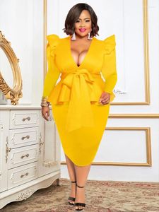 Plus Size Dresses Deep V Neck For Women Ruffles Long Sleeve High Waist Peplum Evening Office Work Midi Package Hip Outfits