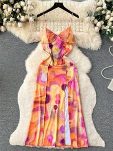 Casual Dresses SINGREINY Fashion Tie Dye Print Beach Dress Women Strap Slim Backless Split Sundress 2023 Elastic Patchwork Party Long