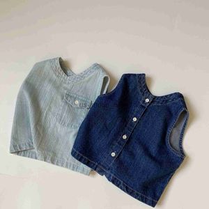 VEST 7983 Barn Vest Boy Denim Waistcoat Summer Nya mjuka ärmlösa jeans Vest Baby Girls Pocket Vest 1-7T barnkläder X0802