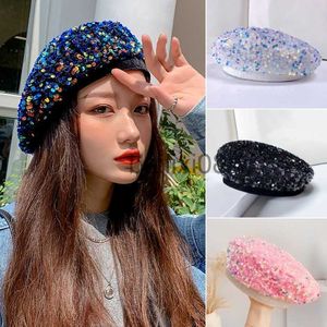 Stingy Brim Hats Vintage Autumn Spring Women Beret Hat Bling Sequins Streetwear Beret Fashion British Pumpkin Art Hat Nightclub Artist Hat Gorros J230802