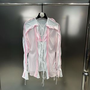 Bluzki damskie Prepomper 2023 Letni przylot długi rękaw Różowy kontrast kolor wielorasko-koronkowy bandaż v szyja szczupła szyfonowa koszula kobiety 703