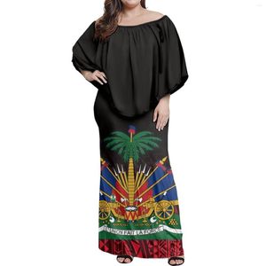 Casual Dresses Custom Design Fashion Off-the-Shoulder Short Sleeve Floor Dress Girls Party Summer Polynesian Print Haiti Flag