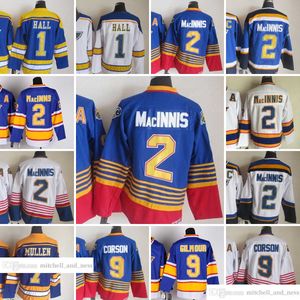 Filme Vintage Hockey 1 Glenn Hall Jerseys CCM Embroidery 7 Joe Mullen 2 MacINNIS 9 Shayne Corson Jersey 1995 1996 Azul Branco