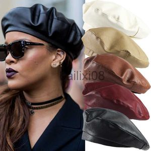 Stingy Brim Hats Fashion Solid Color Beret Women Vintage Pu Leather Berets Hats Autumn Winter Lady Elegant Octagonal Cap Newsboy Caps Panama Hat J230802