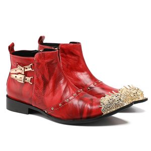 Christia Bella Vermelho Couro Genuíno Homens Botas de Tornozelo Boate Rebites Fivela Botas Formais Masculino Vestido de Festa Sapato de Cowboy Bota Curta