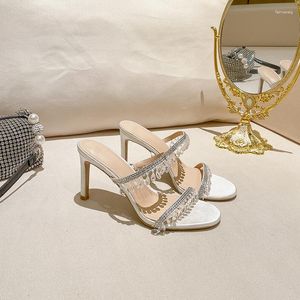 Klädskor kristallhänge med diamant strass franska höga klackar smala sandaler mångsidiga för kvinnor på sommaren j-a43