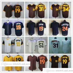 Vintage Movie Baseball trägt Trikot 19 Tony Gwynn 24 Rickey Henderson 31 Dave Winfield 34 Rollie Fingers 51 Trevor Hoffman 1998 Blanko-Trikots Herren Damen Größe S--XXXL