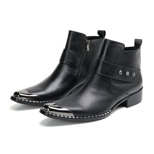 Botas italianas originais de metal com bico quadrado rebites couro real masculino sapatos sociais inverno casual empresarial botas curtas masculinas botins