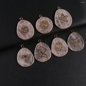 ペンダントネックレス5PCS/ロット自然ローズクォーツウォータードロップシャッププレートDIYジュエリーネックレスアクセサリーのゴールデンストーンチャーム