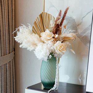 Fiori decorativi Erba di Pampa essiccata naturale Boho Bouquet Foglia di ventaglio secco Ortensia eterna Rosa artificiale Grande decorazione per la casa Fiore di nozze