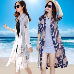 Women's Trench Coats 2023 Sun Protection Clothing Women Long Summer Shawl Thin Coat Chiffon Cardigan Beach UV Jacket Female Outerwear