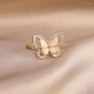 Cluster Rings 14K Real Gold-plated Double Seashell Butterfly CZ Zircon Ring Applies To Women Daily Adjustable Open Design Paving Jewelry